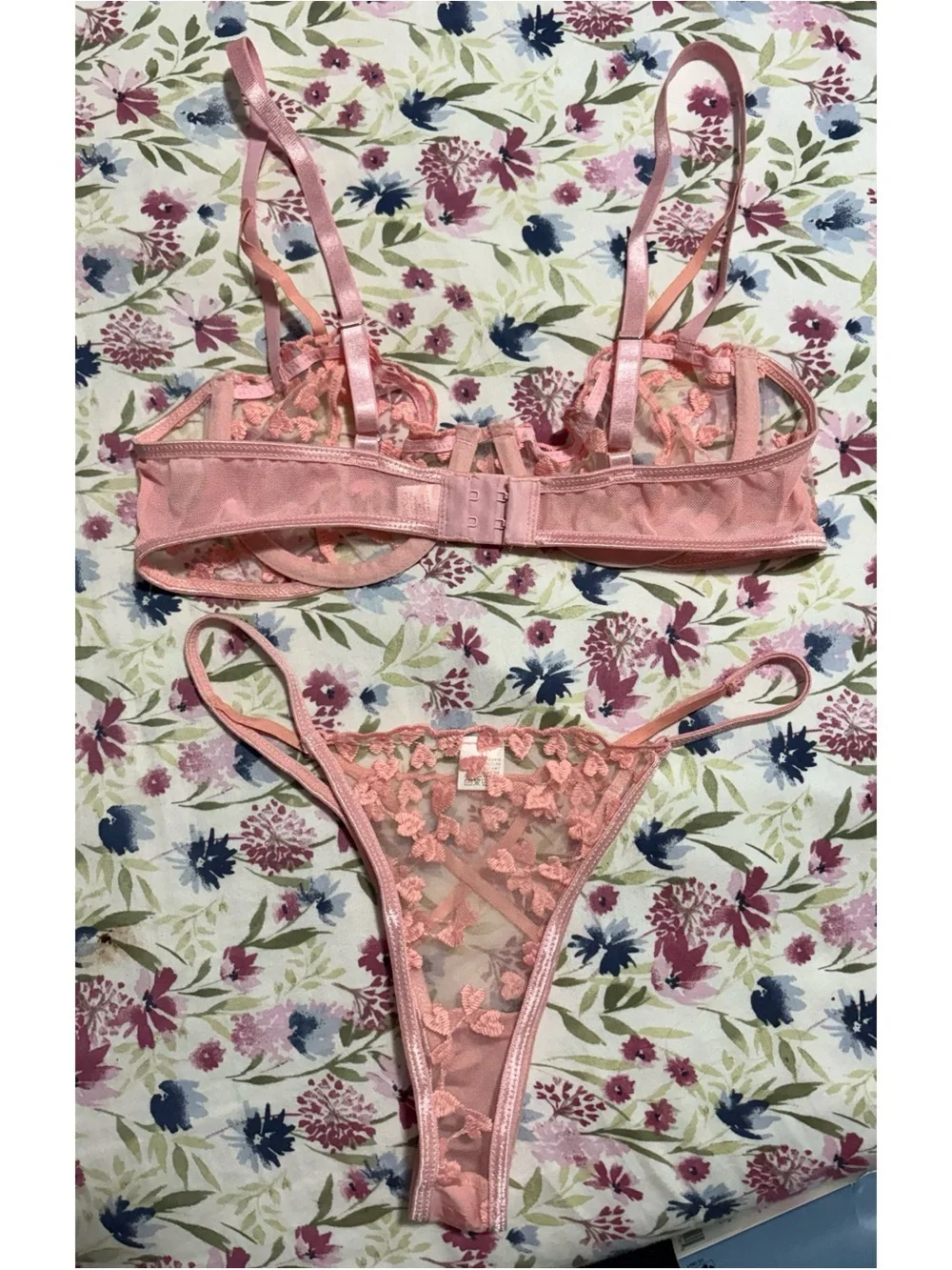 Floral hearts pink embroidered sheer lingerie set